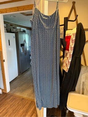 Blue Floral Slip Maxi Dress with Spaghetti Straps - Women